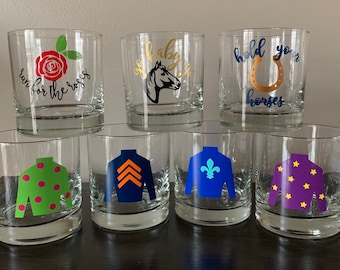 Derby glasses/ derby bourbon glasses/ bourbon drinking glass/ jockey silks/ kentucky proud/ horseshoe/ horse theme/ derby party favors/