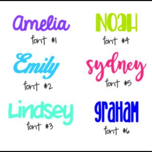 May include: Six different fonts displayed with names written in each font. The names are Amelia, Noah, Emily, Sydney, Lindsey, and Graham. Each font is numbered 1 through 6.
