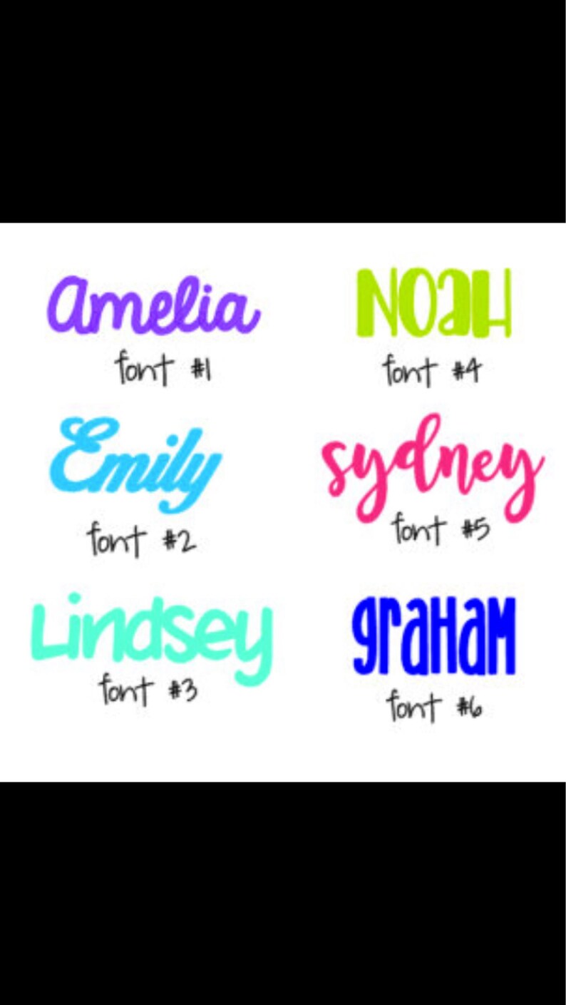 May include: Six different fonts displayed with names written in each font. The names are Amelia, Noah, Emily, Sydney, Lindsey, and Graham. Each font is numbered 1 through 6.