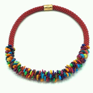 rainbow color necklace•crochet jewelry •colorful necklace•one of a kind choker•bead crochet necklace•dramatic necklace•artisan jewelry
