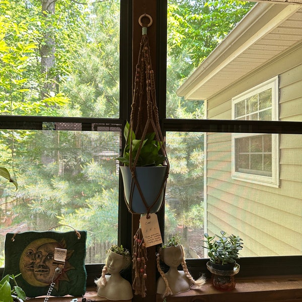 Boho hanger, Macrame plant hanger, vintage macrame, beaded macrame hanger, hanging planter, plant holder with tassel