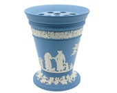 Wedgwood Offerings Blue Jasperware Frog Vase, White Relief Maternal Affection Cameos, Blue Jasper Vase w Pierced Stem Flower Arranger