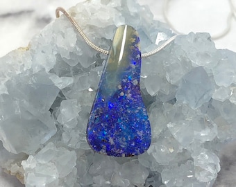 Blue Boulder Opal Pendant, Australian Opal, Natural Stone Pendant, October Birthday,
