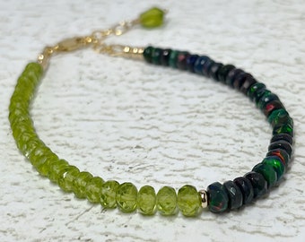 Peridot and Black Opal Gold Filled Bracelet, Gemstone Beaded Bracelet, Opal Jewelry, Peridot Jewelry