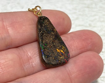 Rainbow Flash Boulder Opal Pendant on a Gold Filled Bail and Chain, Australian Opal Necklace, Opal Jewelry