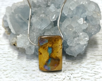 Boulder Opal Pendant, Square Boulder Opal on a Sterling Silver Chain, Australian Opal Necklace