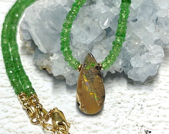 Boulder Opal Pendant Necklaxe, Stunning Green Tsavorite and Boulder Opal Necklace, boulder opal necklace, Opal and Gold Necklace