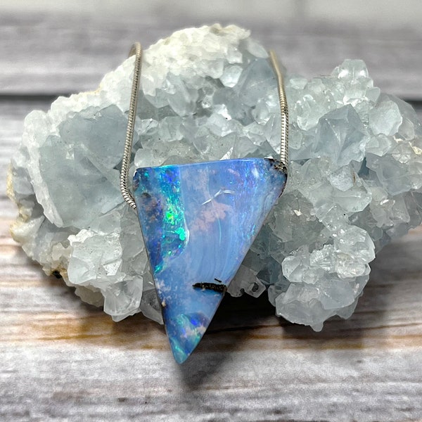 Blue Boulder Opal Pendant Necklace, Australian Opal Necklace, Natural Stone Jewelry, Bright Flash Opal, Unique Stone