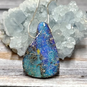 Boulder Opal Pendant, Blue Opal Necklace, Natural Stone Jewelry, October Birthstone, Australian Opal on Sterling Silver