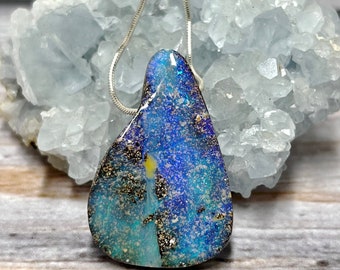 Boulder Opal Pendant, Blue Opal Necklace, Natural Stone Jewelry, October Birthstone, Australian Opal on Sterling Silver