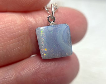 Square Boulder Opal pendant, Opal Necklace, Blue Opal, Australian Opal Necklace, Blue Opal Pink Flash