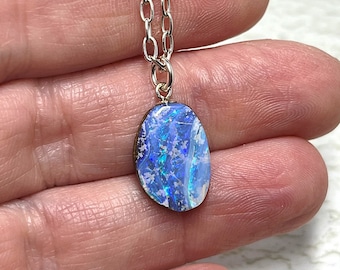 Unique Pattern Boulder Opal Pendant on a Sterling Silver Bail and Chain, Blue Opal, Australian Opal, Natural Blue Stone