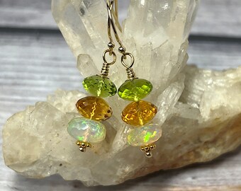 Opal, Peridot, Citrine Gold Filled Earrings, Opal Dangle Earrings, Peridot Earrings, Citrine Earrings, Multi Stone Jewelry