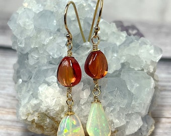 Opal and Sapphire Earrings, Opal Dangle Earrings, Sapphire Dangle Earrings, Opal Gold Filled Jewelry