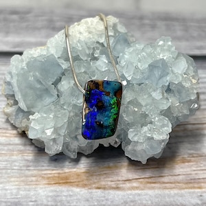 Boulder Opal Pendant Necklace, Rectangle Opal, Blue and Green Opal, Australian Opal, Natural Opal Necklace. Unique Stone, Bright Flash Opal