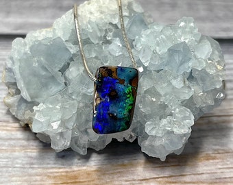 Boulder Opal Pendant Necklace, Rectangle Opal, Blue and Green Opal, Australian Opal, Natural Opal Necklace. Unique Stone, Bright Flash Opal