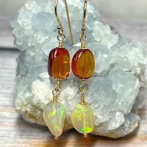 Opal and Sapphire Earrings, Opal Dangle Earrings, Sapphire Dangle Earrings, Opal Gold Filled Jewelry