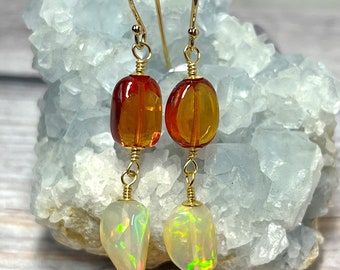 Opal and Sapphire Earrings, Opal Dangle Earrings, Sapphire Dangle Earrings, Opal Gold Filled Jewelry