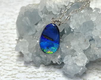 Stunning Blue Opal Pendant Necklace with Bright Flash, Deep Blue Opal, Australian Opal, Natural Blue Stone Jewelry