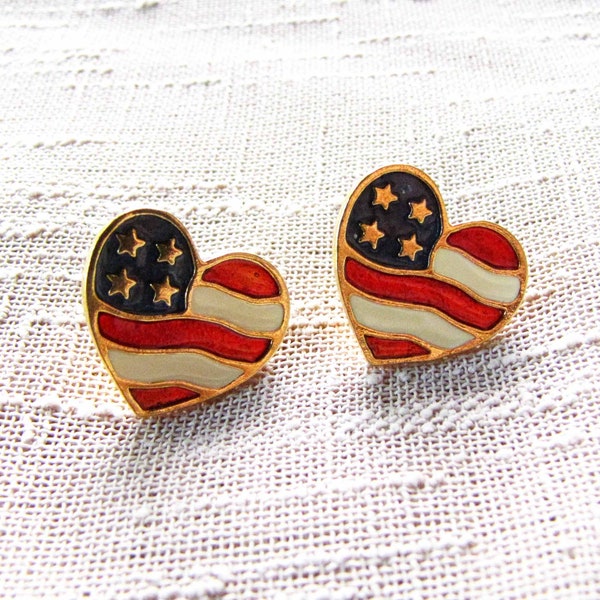 Avon Heart Flag Earrings Vintage Flag Pierced Earrings Red White and Blue Jewelry