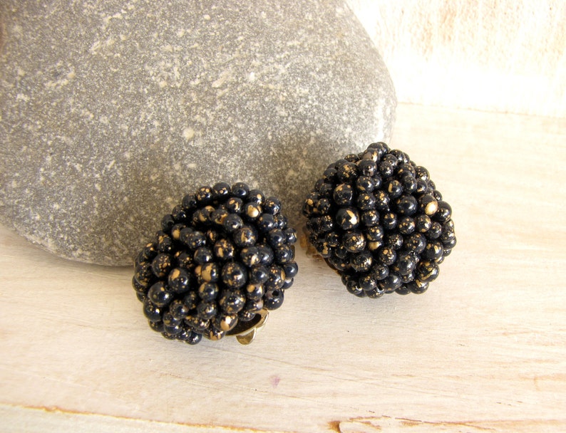 Black Gold Bead Vintage Clip on Beaded Earrings 14 Etsy