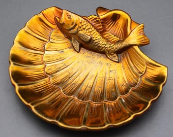 Vintage PMC Copper/Bronze Solid Brass Seashell Large Mouth Brass Fish Ashtray / Pipe / Rest / Holder / Stand / Trinket Dish –  Great Color!