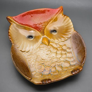 May include: A ceramic owl-shaped dish with a textured, reddish-orange top and a tan body. The owl has large, dark eyes and a yellow beak. The dish is designed with detailed feather patterns and is likely used for decorative purposes.