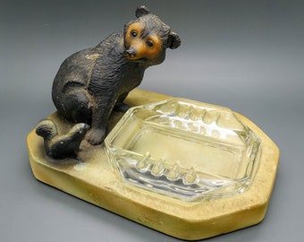 1950’s Clay / Resin Ashtray with Carved Bear and Skunk - Ultra Unique!