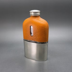 Antique James Dixon & Sons Leather Bound 7/16 Pint Glass Flask with Decorative Nickel Plated Metal Cup – Dated 1879-1921