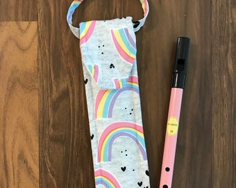 Tin Whistle Case, Soprano Recorder Sleeve, Irish Penny Whistle D Cover, Fife Instrument Pouch Bag, Rainbows on Grey