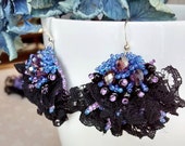 Lilac black lace statement earrings Retro style earrings in bead embroidery Lightweight dangle earrings