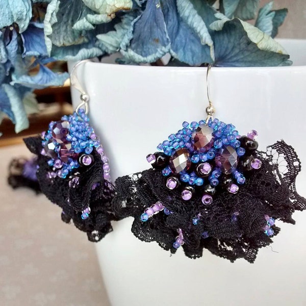 Lilac black lace statement earrings Retro style earrings in bead embroidery Lightweight dangle earrings