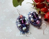 Freshwater pearl dangle earrings Romantic June birthstone earrings Bead embroidered oval earrings in lilac purple pink Statement earrings uk