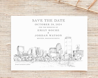 Boston Wedding, Boston Save the Date Cards, Save the Dates, Boston Skyline, STD, Hand Drawn (set of 25 cards & envelopes)