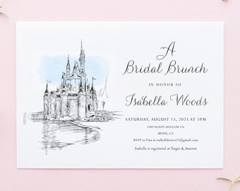 Disney World Castle Bridal Shower Invitations, Fairytale Wedding, Disney, Hand Drawn (set of 25 cards & envelopes)