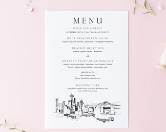 Seattle Skyline Menu Cards , Wedding, Menu, Rehearsal Dinner, Day of Event, Corporate Events (Sold in sets of 25)