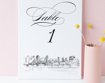 San Diego Skyline Table Numbers, San Diego, CA Wedding, Reception, Rehearsal Dinner, Day of Event, Reserved Seating (1-10)