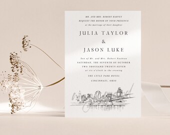 Cincinnati Wedding Invitations, Skyline, Weddings, Invite, Ohio, OH - Hand Drawn (Set of 10 Online RSVP Cards & Invitations)