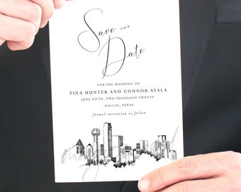 Dallas Skyline Save the Dates, STD, Texas, Wedding, Weddings, TX, Save the Date Cards, Hand Drawn (set of 25 cards)