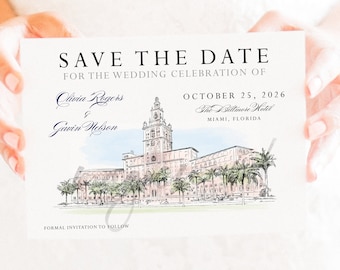 The Biltmore Hotel Miami Wedding Watercolor, Save the Date Cards, Save the Dates, STD, Coral Gables, Wedding, Hand Drawn (set of 25 cards)