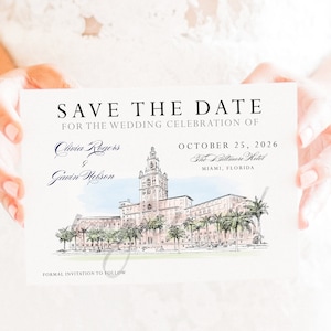 May include: Save the date card for a wedding celebration. The card features a hand-drawn illustration of a building with palm trees in front of it. The text on the card reads "Save the Date for the Wedding Celebration of Clivia Rogers & Gavin Nelson, October 25, 2026, The Biltmore Hotel, Miami, Florida. Formal Invitation to Follow."