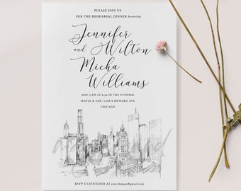 New 2024 Chicago Skyline Rehearsal Dinner Invitations, Hand Drawn , St Regis, Wedding, Weddings, Invite, (set of 25 cards)