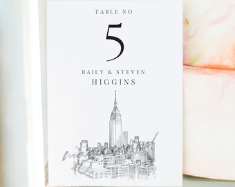 Custom New York Skyline Wedding Table Numbers: Elegant Reserved Seating