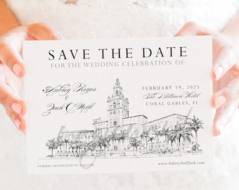 The Biltmore Hotel Miami Wedding Save the Date Cards, Save the Dates, STD, Coral Gables, Wedding, Hand Drawn (set of 25 cards)