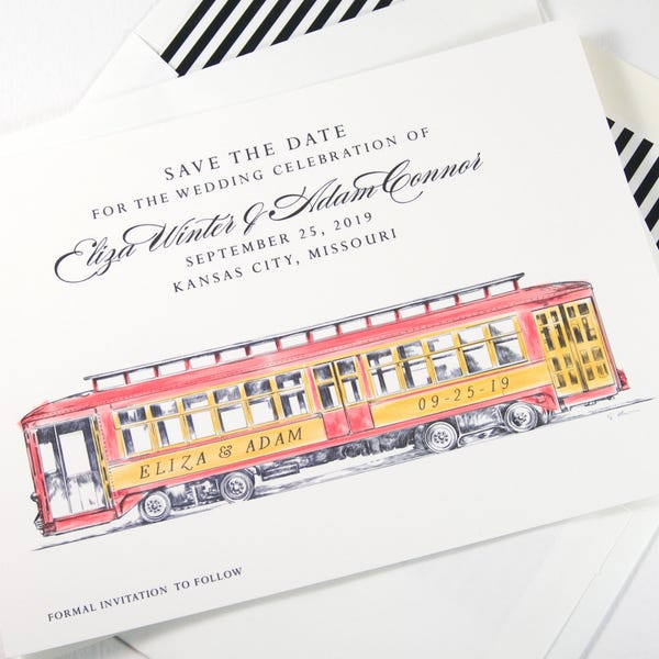 Trolley Car Save the Dates, Cable Car Save the Date Cards, Wedding, STD, Hand Drawn (set of 25 cards)