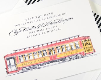 Trolley Car Save the Dates, Cable Car Save the Date Cards, Wedding, STD, Hand Drawn (set of 25 cards)