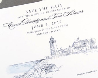 Pemaquid Point Lighthouse Wedding Save the Date Cards, Save the Dates,  Bristol Maine Wedding, Hand Drawn (set of 25 cards)