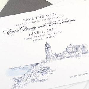 Pemaquid Point Lighthouse Wedding Save the Date Cards, Save the Dates, Bristol Maine Wedding, Hand Drawn set of 25 cards image 1