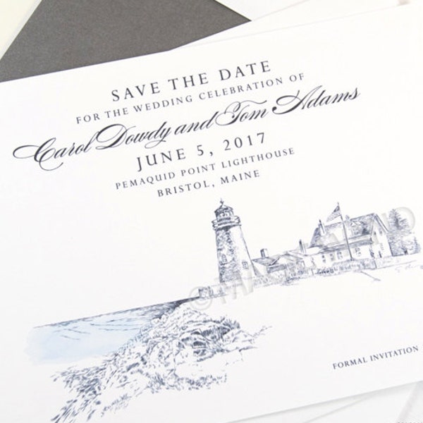 Pemaquid Point Lighthouse Wedding Save the Date Cards, Save the Dates,  Bristol Maine Wedding, Hand Drawn (set of 25 cards)