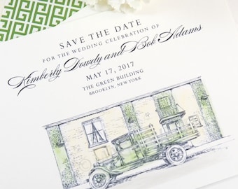 The Green Building, Brooklyn Wedding Save the Date Cards, Save the Dates, Wedding, Hand Drawn (set of 25 cards)